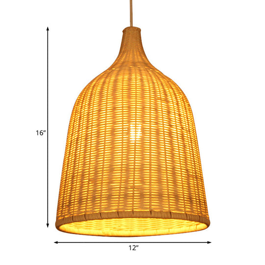 Rustic Bamboo Bucket Pendant Light Fixture - Handcrafted Single Bulb Hanging Lamp In Beige