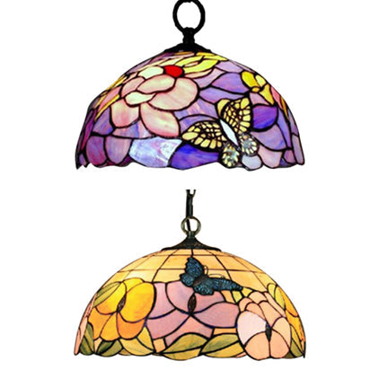 Baroque Butterfly Suspension Lamp - 1-Head Yellow/Purple Stained Glass Ceiling Light - 12"/16" Wide