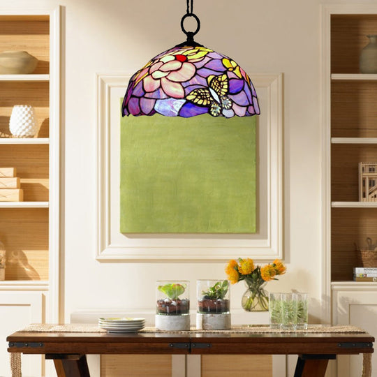 Butterfly Stained Glass Suspension Lamp With Baroque Design - Yellow/Purple 12/16 Wide Purple / 12