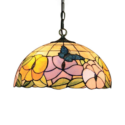 Baroque Butterfly Suspension Lamp - 1-Head Yellow/Purple Stained Glass Ceiling Light - 12"/16" Wide