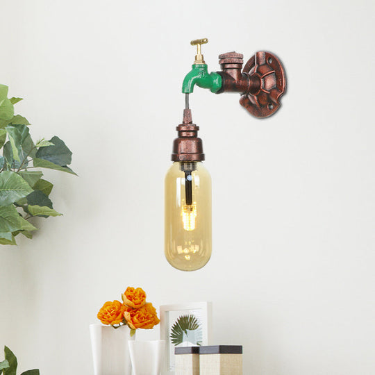 Industrial Amber Glass Wall Sconce With Copper Oval Shade - Bedroom Light Fixture 9.5/10/12 H