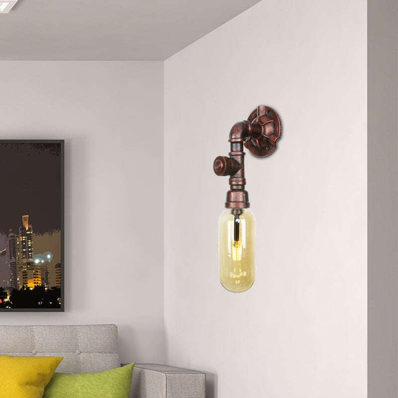 Industrial Amber Glass Wall Sconce With Copper Oval Shade - Bedroom Light Fixture 9.5/10/12 H