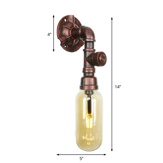 Industrial Amber Glass Wall Sconce With Copper Oval Shade - Bedroom Light Fixture 9.5/10/12 H