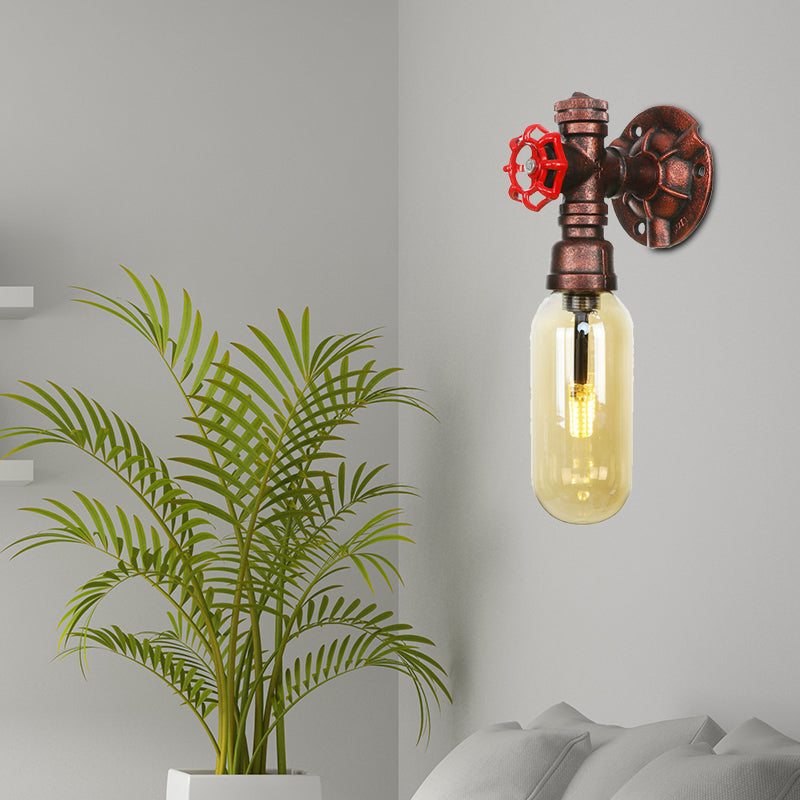 Industrial Amber Glass Wall Sconce With Copper Oval Shade - Bedroom Light Fixture 9.5/10/12 H