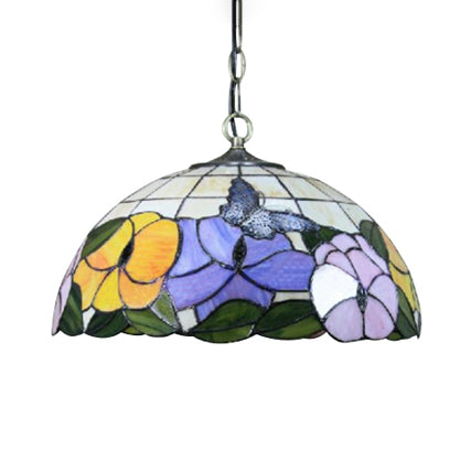 Baroque Butterfly Suspension Lamp - 1-Head Yellow/Purple Stained Glass Ceiling Light - 12"/16" Wide