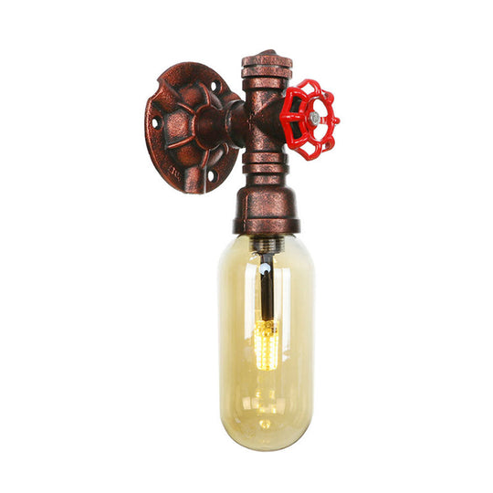 Industrial Amber Glass Wall Sconce With Copper Oval Shade - Bedroom Light Fixture 9.5/10/12 H