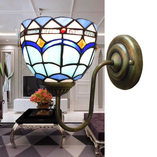 Baroque Blue Dome Wall Light Fixture: Stained Glass 1-Head Lighting With Curved Arm Brass / 8