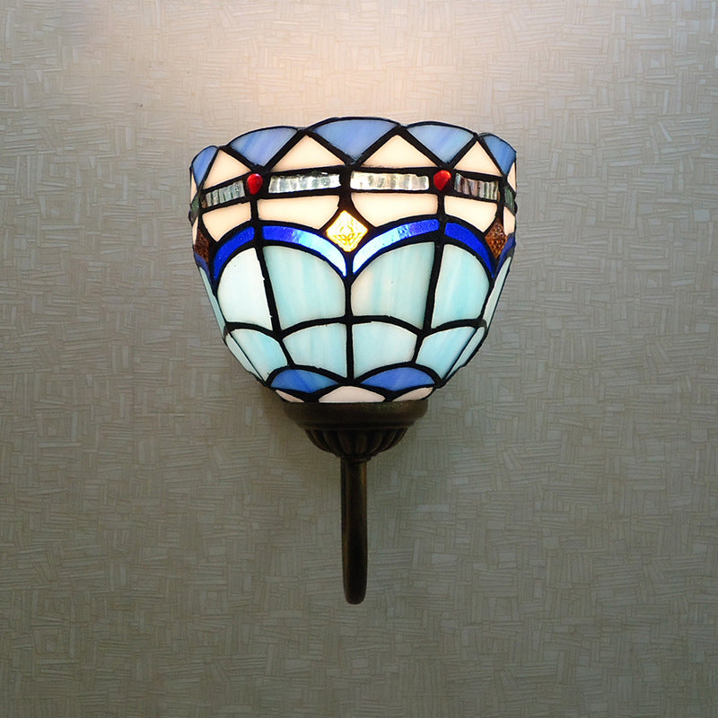 Baroque Blue Dome Wall Light Fixture: Stained Glass 1-Head Lighting With Curved Arm