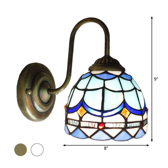 Baroque Blue Dome Wall Light Fixture: Stained Glass 1-Head Lighting With Curved Arm