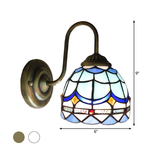 Baroque Blue Dome Wall Light Fixture: Stained Glass 1-Head Lighting With Curved Arm