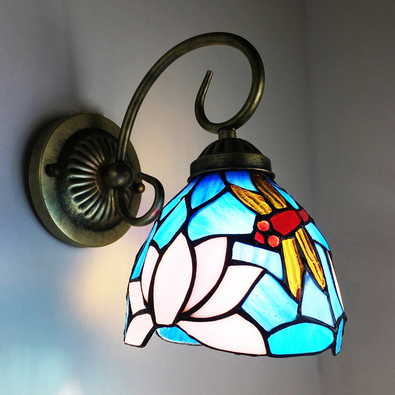 Victorian Dragonfly Stained Glass Wall Sconce With Brass Fixture