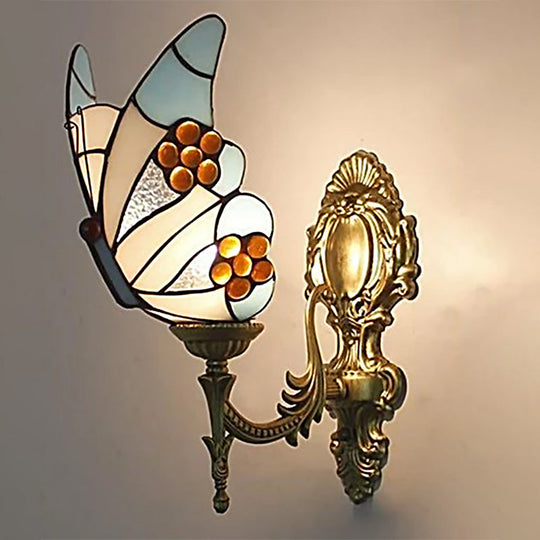 Stunning Stained Glass Wall Sconce Light: Tiffany 1 Head Mount Lamp With Curved Arm & Geometric