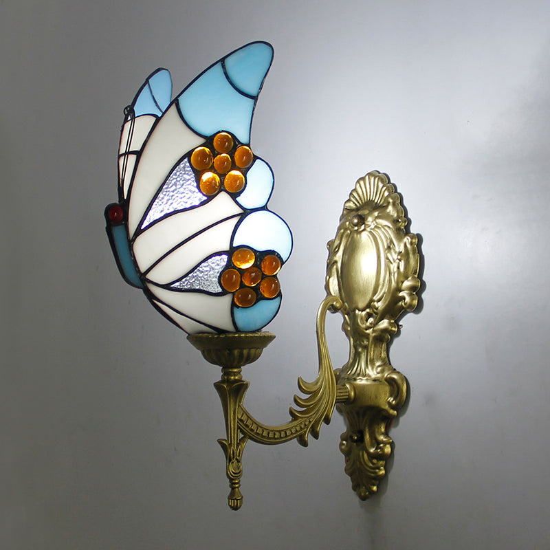 Stunning Stained Glass Wall Sconce Light: Tiffany 1 Head Mount Lamp With Curved Arm & Geometric