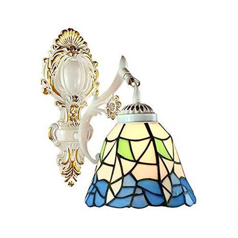 Stunning Stained Glass Wall Sconce Light: Tiffany 1 Head Mount Lamp With Curved Arm & Geometric