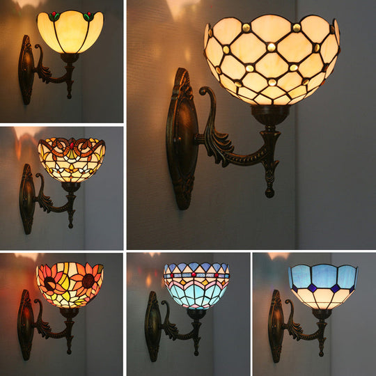 Mediterranean Brass Wall Sconce Elegant Geometry Cut Glass Shade For Corridor Lighting