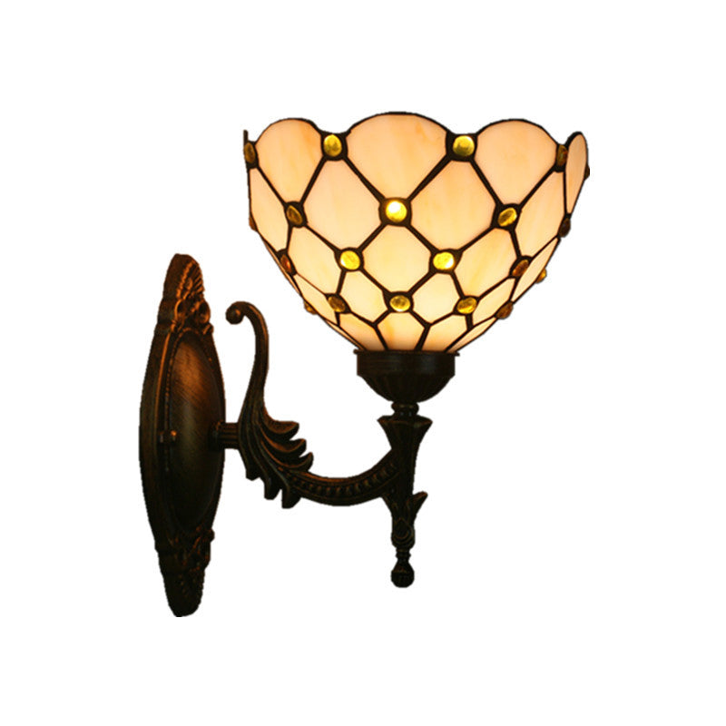 Mediterranean Brass Wall Sconce Elegant Geometry Cut Glass Shade For Corridor Lighting