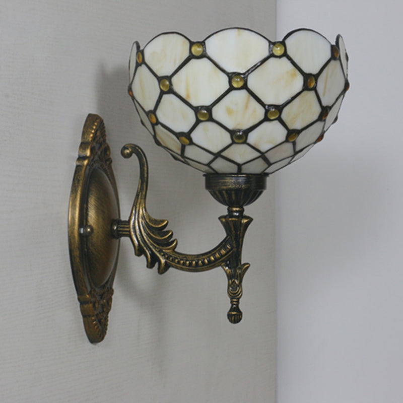 Mediterranean Brass Wall Sconce Elegant Geometry Cut Glass Shade For Corridor Lighting