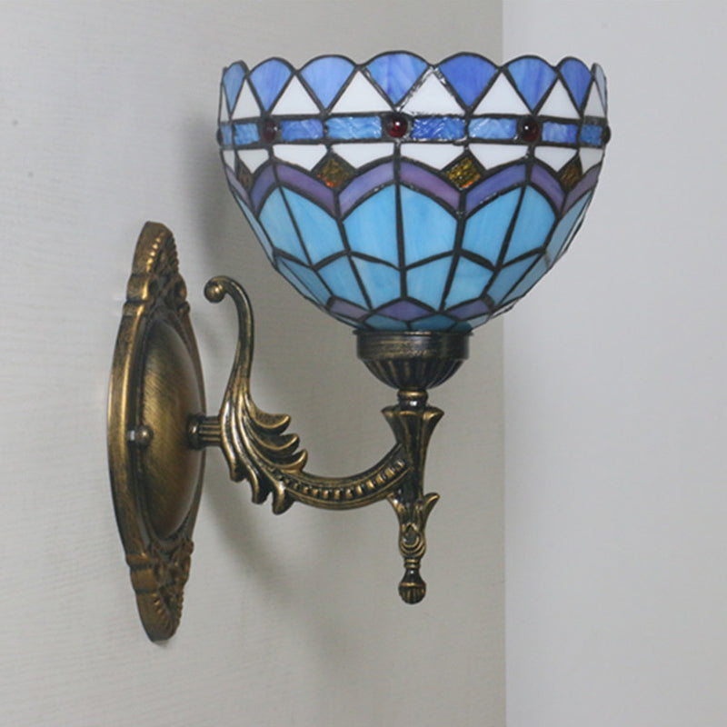 Mediterranean Brass Wall Sconce Elegant Geometry Cut Glass Shade For Corridor Lighting