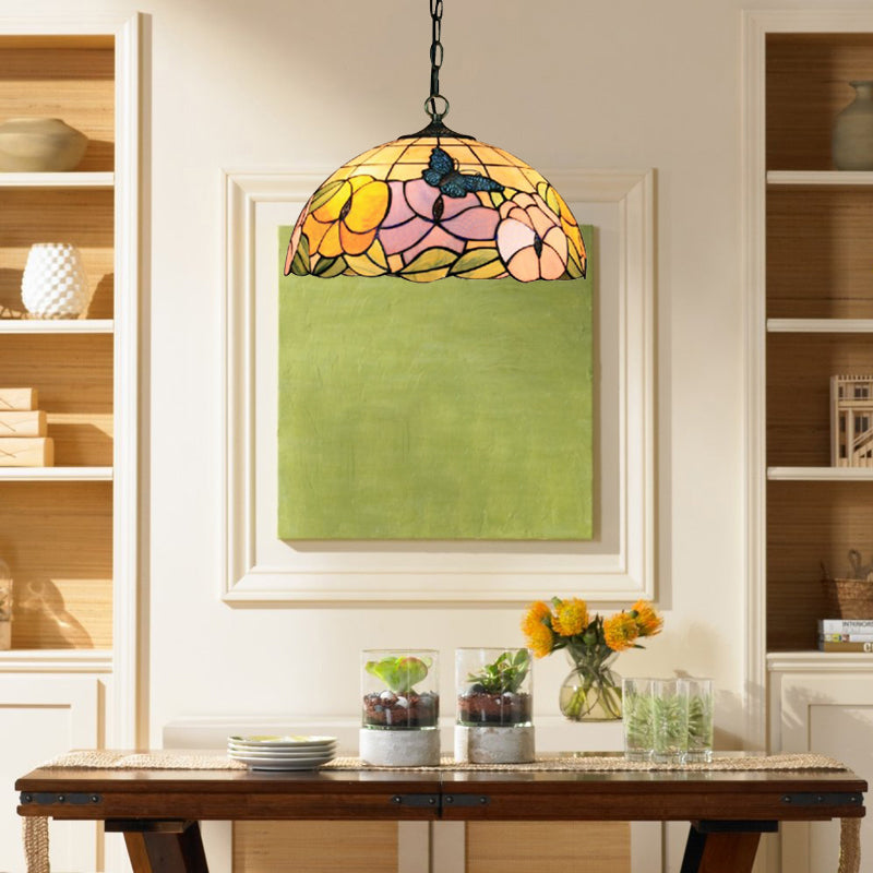 Baroque Butterfly Suspension Lamp - 1-Head Yellow/Purple Stained Glass Ceiling Light - 12"/16" Wide