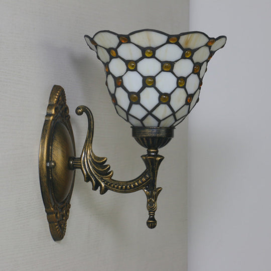 Mediterranean Brass Wall Sconce Elegant Geometry Cut Glass Shade For Corridor Lighting