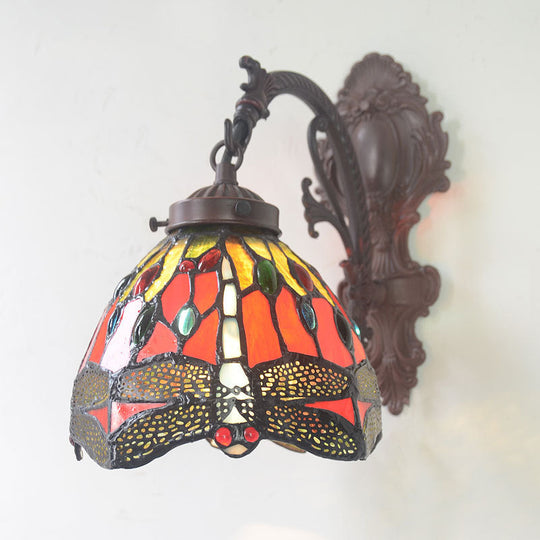 Victorian Dome Sconce With Dragonfly Pattern Red Cut Glass Light Fixture Wall Mount Lamp