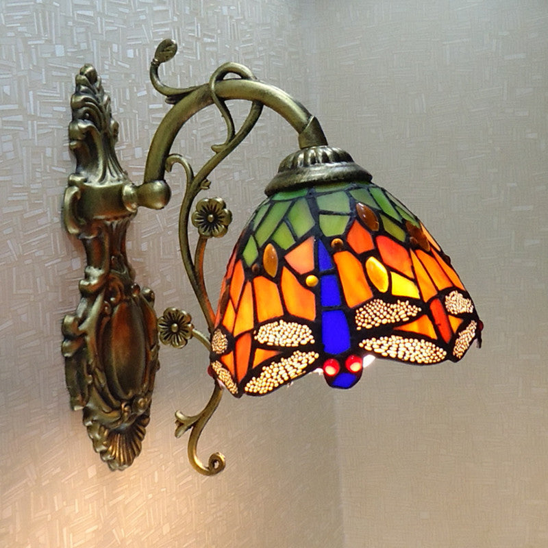 Tiffany Style Glass Dragonfly Wall Sconce With Carved Backplate - 1 Light Fixture