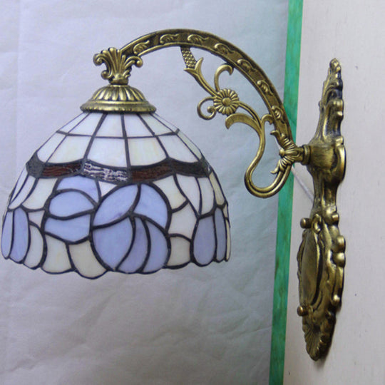 Tiffany Style Blue Stained Glass Wall Sconce With Arched Arm And Bowl Light