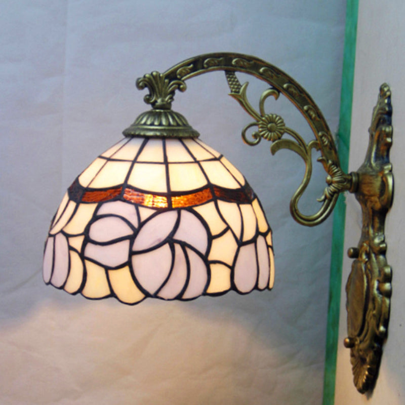 Tiffany Style Blue Stained Glass Wall Sconce With Arched Arm And Bowl Light