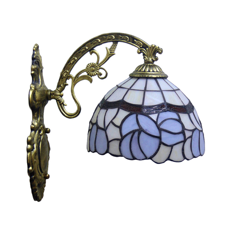 Tiffany Style Blue Stained Glass Wall Sconce With Arched Arm And Bowl Light