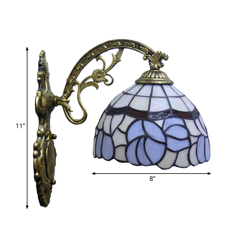 Tiffany Style Blue Stained Glass Wall Sconce With Arched Arm And Bowl Light