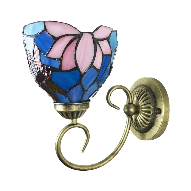 Stunning Metal Brass Tiffany Wall Sconce - Swirled Arm Design With 1-Light & Geometry Cut Glass