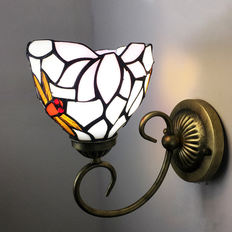 Stunning Metal Brass Tiffany Wall Sconce - Swirled Arm Design With 1-Light & Geometry Cut Glass