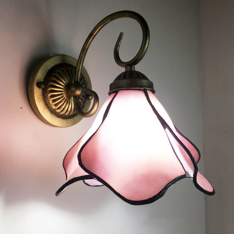 Stunning Metal Brass Tiffany Wall Sconce - Swirled Arm Design With 1-Light & Geometry Cut Glass