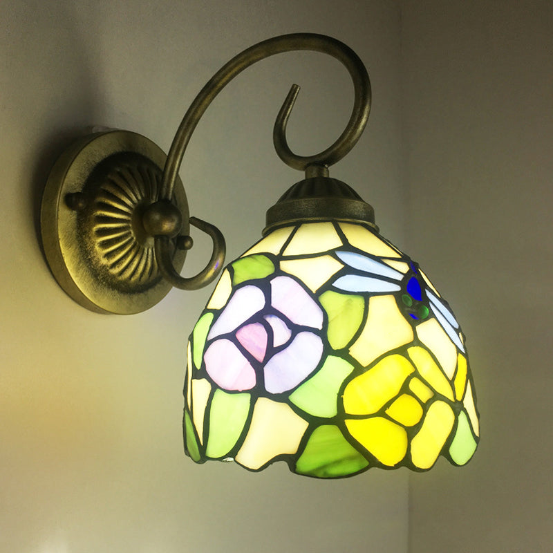 Stunning Metal Brass Tiffany Wall Sconce - Swirled Arm Design With 1-Light & Geometry Cut Glass