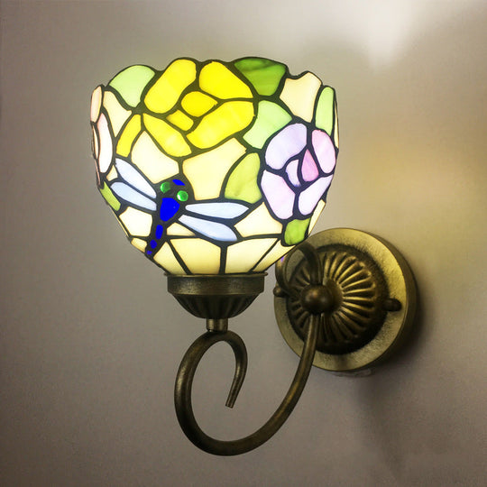 Stunning Metal Brass Tiffany Wall Sconce - Swirled Arm Design With 1-Light & Geometry Cut Glass