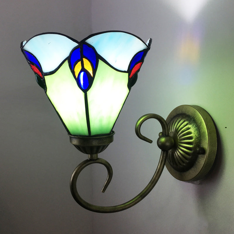 Stunning Metal Brass Tiffany Wall Sconce - Swirled Arm Design With 1-Light & Geometry Cut Glass