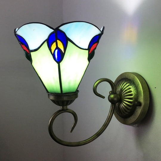 Stunning Metal Brass Tiffany Wall Sconce - Swirled Arm Design With 1-Light & Geometry Cut Glass