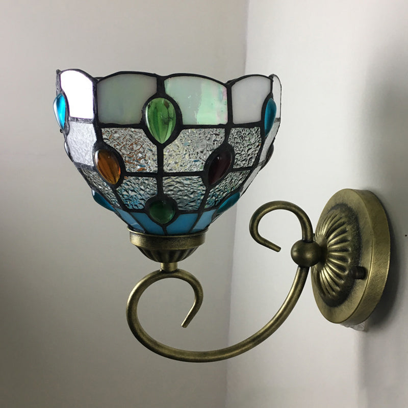 Stunning Metal Brass Tiffany Wall Sconce - Swirled Arm Design With 1-Light & Geometry Cut Glass