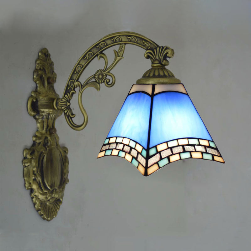 Modern Blue Cut Glass Pyramid Wall Light With Mediterranean Brass Finish And Curved Arm - Mounted