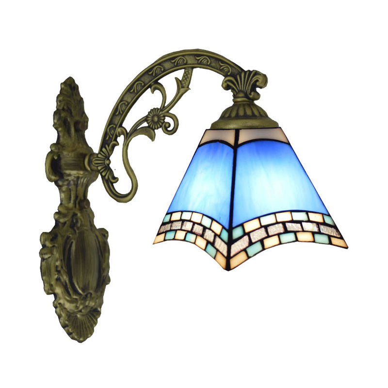 Modern Blue Cut Glass Pyramid Wall Light With Mediterranean Brass Finish And Curved Arm - Mounted