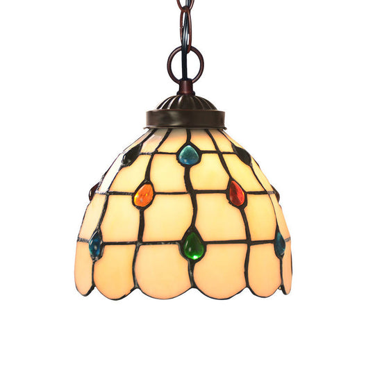 Victorian Lattice Dome 1-Light Hanging Lamp Kit - White Glass Copper Suspension Light with Gem Pattern