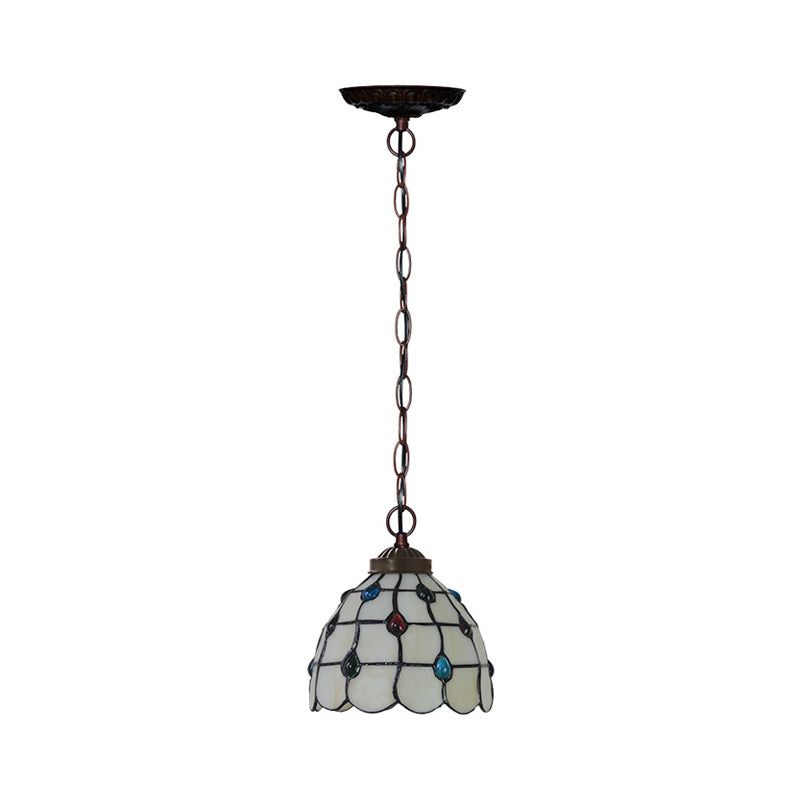 Victorian Lattice Dome 1-Light Hanging Lamp Kit - White Glass Copper Suspension Light with Gem Pattern