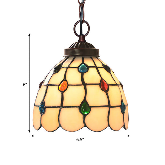 Victorian Lattice Dome 1-Light Hanging Lamp Kit - White Glass Copper Suspension Light with Gem Pattern