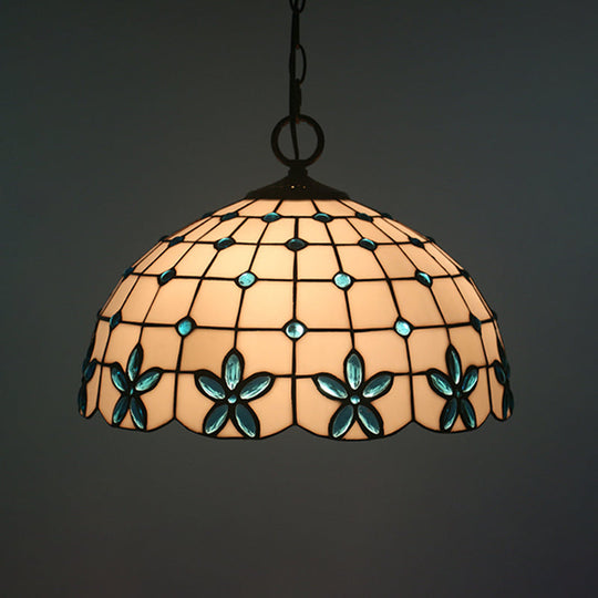 White Glass Tiffany Lattice Pendant Light With Jeweled Flower Detail - Hanging Lighting Kit For