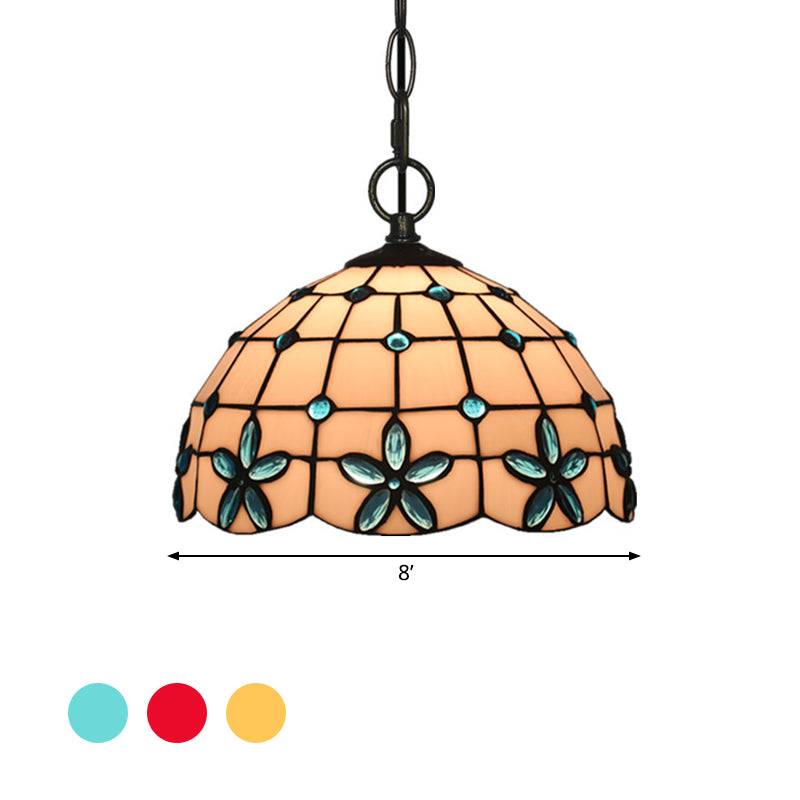 White Glass Tiffany Lattice Pendant Light With Jeweled Flower Detail - Hanging Lighting Kit For