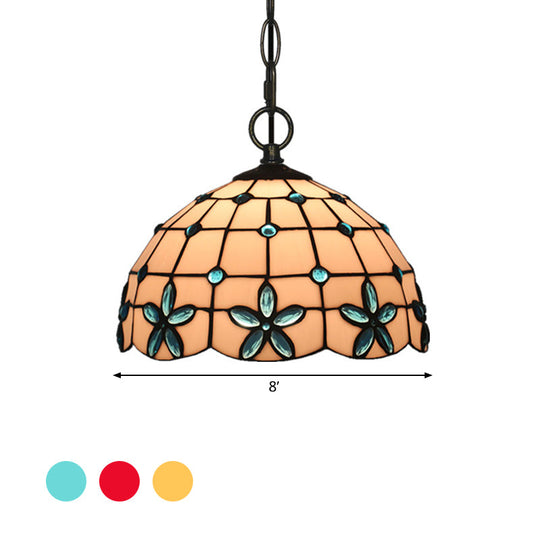 White Glass Tiffany Lattice Pendant Light With Jeweled Flower Detail - Hanging Lighting Kit For