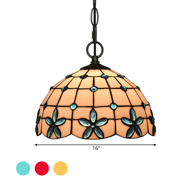 White Glass Tiffany Lattice Pendant Light With Jeweled Flower Detail - Hanging Lighting Kit For