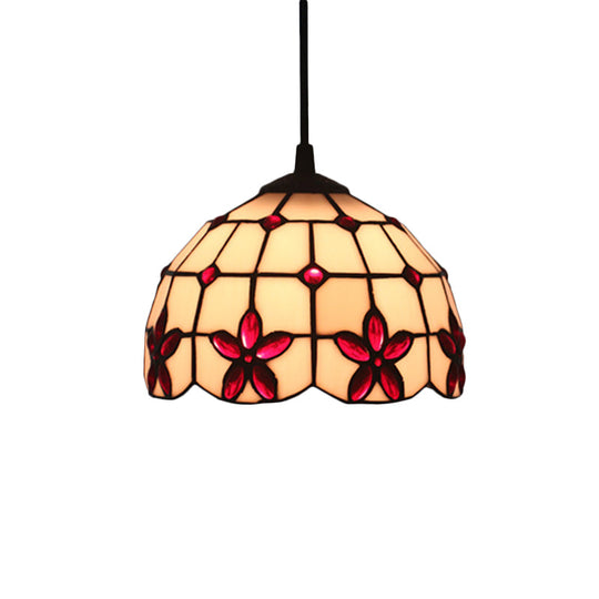 White Glass Tiffany Lattice Pendant Light With Jeweled Flower Detail - Hanging Lighting Kit For