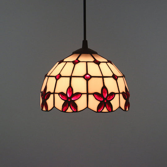 White Glass Tiffany Lattice Pendant Light With Jeweled Flower Detail - Hanging Lighting Kit For