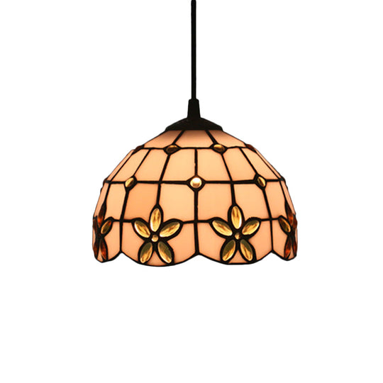 White Glass Tiffany Lattice Pendant Light With Jeweled Flower Detail - Hanging Lighting Kit For